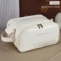 Beige large capacity leather makeup bag with double zippers and side handle - Polished Smooth Style / Large / Milk Apricot White
