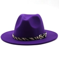 Close-up of purple wool fedora hat with zebra print band and silver metal buckle - M (56-58cm) / Purple