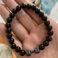 Men's volcanic stone beaded bracelet with dark grey metal dumbbell charm for gym lovers - Glossy Black