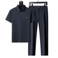 Men's navy blue ice silk polo shirt and trousers set with chest embroidery detail - XL/175 / Dark Gray