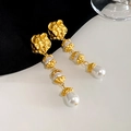 Baroque style gold wrinkled metal earrings with hanging white pearls for women - Golden Folded Baroque Pearl (21#)