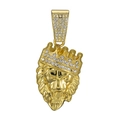 Gold plated lion head pendant with crown and sparkling crystals on white background - Pendant Only / Gold