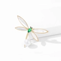 Golden dragonfly brooch with green gemstone wings and a dangling white pearl pendant - Emerald Dragonfly