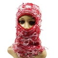 Red and white distressed balaclava in knitted frayed style for winter warmth - One Size / Red