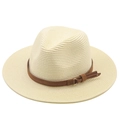 Classic cream woven straw fedora sun hat with decorative brown band for beach travel - M (56-58cm) / Cream White