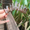 Close-up of handmade crown headband featuring smoky quartz crystals and moon charm - Tawny Crystal with Silver Wire & Moon