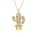 Detailed view of a gold plated cactus pendant with vibrant green and red cubic zirconia - Cactus Shape Style (G239)