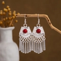 Ethnic style silver earrings with red stone inlay and tassel detail on wooden branch - Silver Fan Tassel with Red Bead(E2875-36)