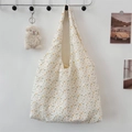 Detail of embroidered floral canvas tote with delicate lace trim and a lamb doll charm - Dandelion