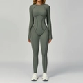 Tight grey-green long sleeve yoga bodysuit with ergonomic contouring seams for fitness - S / Top And Bottom / Army Green