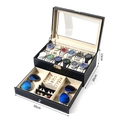 Black PU leather dual-layer 12-slot watch box and jewelry organizer with clear window - 12-Slot Black/Beige Layered