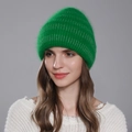 Emerald green knitted rabbit fur beanie with sparkling silver threads for women - Emerald Green