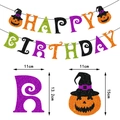 Striscione glitterato Happy Birthday a tema Halloween con zucche e dettagli sulle misure - Striscione Happy Birthday
