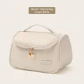 Creamy white woven PU leather cosmetic bag with a curved shape and dual gold zippers - Curved Bag / Cream
