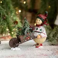 Resin snowman figurine with red sweater pushing a cart of mini Christmas trees - Girl With Cart Style B