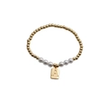 Golden beaded bracelet with white pearls and a square letter A pendant on white background - Letter A