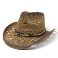 Chapeau de cow-boy vintage en paille tressée avec ruban décoratif perlé pour plage et soleil - M (56-58cm) / Kaki Avec Spray Marron