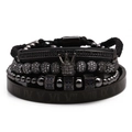 Close-up of men black crown bead bracelet set with woven rope and Roman numeral bangle - Black White Zircon Crown 4-Piece Set (Hexagonal Style)