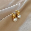 Elegant gold C-shaped earrings with dual-row crystals and a large white pearl pendant - Gold Double Row Diamond C-Shaped Pearl Pendant Earrings