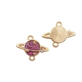 Saturn planet charm in golden finish with purple enamel moon and star patterns - Rhinestone Planet 14x18mm