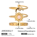 Three-piece golden stainless steel ring set with sun, moon, and floral carvings - Gold Stainless Steel Moon Star Flower Ring 3 Piece Set (JDR0303012-7)