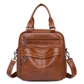 Brown lychee grain PU leather convertible backpack with multiple functional zippers - Caramel color