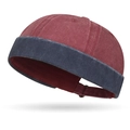 Vintage red and blue contrast washed cotton docker cap with adjustable strap for unisex - Patchwork Wine Red