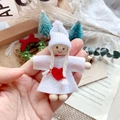 Handmade white Christmas doll hanging ornament with heart detail and wooden bead face - White Felt Red Heart Smiling Doll (A2)