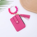 Rose pink litchi leather card holder with beaded wristlet and matching tassel - Rose Red