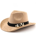 Chapeau de cowboy en daim camel avec bande décorative en perles et clous dorés - M (56-58cm) / Chameau