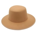 Detail showing high-density wool felt texture and ribbon edge of the camel boater hat - Camel