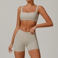 Women's 2-piece beige ribbed workout set featuring high-waisted V-cut shorts and crop top - S / Tank Top + Shorts / Light Khaki