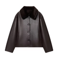 Deep brown faux leather jacket with faux fur collar and four-button front closure - XS / Coffee