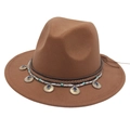 Brown wide brim wool felt jazz hat with ethnic beaded band and turquoise stone charms - M (56-58cm) / Khaki