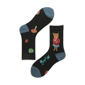 Black cotton socks featuring forest animals, cat and mushroom jacquard pattern motifs - 35-39 / Cat Holding Doll (Blue Head)