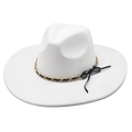Detailed view of white wide brim fedora with gold metal chain and black leather bow - White