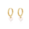 Golden hoop earrings with white heart-shaped pendants on a reflective white background - White Smooth Heart Pendant / Gold