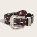 Detail of dark brown faux-crocodile leather belt with sparkling rhinestone buckle and studs - Coffee