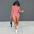 Detail of red and white striped two-piece knit set with one-shoulder top and high waist shorts - S / Red