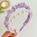 Detail of purple pleated satin headband and white pearl hair hoop set with tulips - Pearl Mesh Pleated Headband / Purple