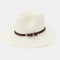 Chapeau de soleil élégant en paille beige avec ruban en cuir tressé pour les vacances - Ivoire