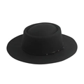 Detailed view of black wool fedora hat featuring a leather strap and metallic buckle - Black - Belt