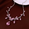 Detail of silver necklace with pink marquise stones and pear-shaped drop pendant - 45# Necklace-Pink-Water Drop