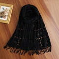 Elegant black hollow knit scarf with fringe tassels on a rustic wooden background - 3023 Tassel Crochet Style / Black