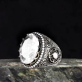 Vintage Turkish style silver men's ring with oval white zircon and carved patterns - J081-1 White / Size 7