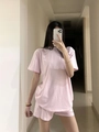 Pink two-piece loungewear set with short-sleeve t-shirt and matching sports shorts - S / Sakura Pink (Top)