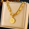 Collier double couche en acier doré avec pendentif pièce Elizabeth II et chaîne gourmette - Collier Double Couche Pièce de Monnaie (N3126)