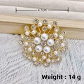 Starburst snowflake brooch with white pearls and rhinestones in golden metal, 4.7cm size - KC Gold Star Pearl Rhinestone