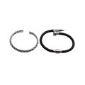 Set aus geflochtenem Titanstahl-Armband und schwarzer Kordel mit silbernem Nagelverschluss - Offene Metallgeflecht-Manschette + Lederarmband mit Nagelschnalle / Stahlfarben