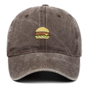 Close-up of burger embroidery on dark brown washed cotton vintage baseball cap - Adjustable / Coffee